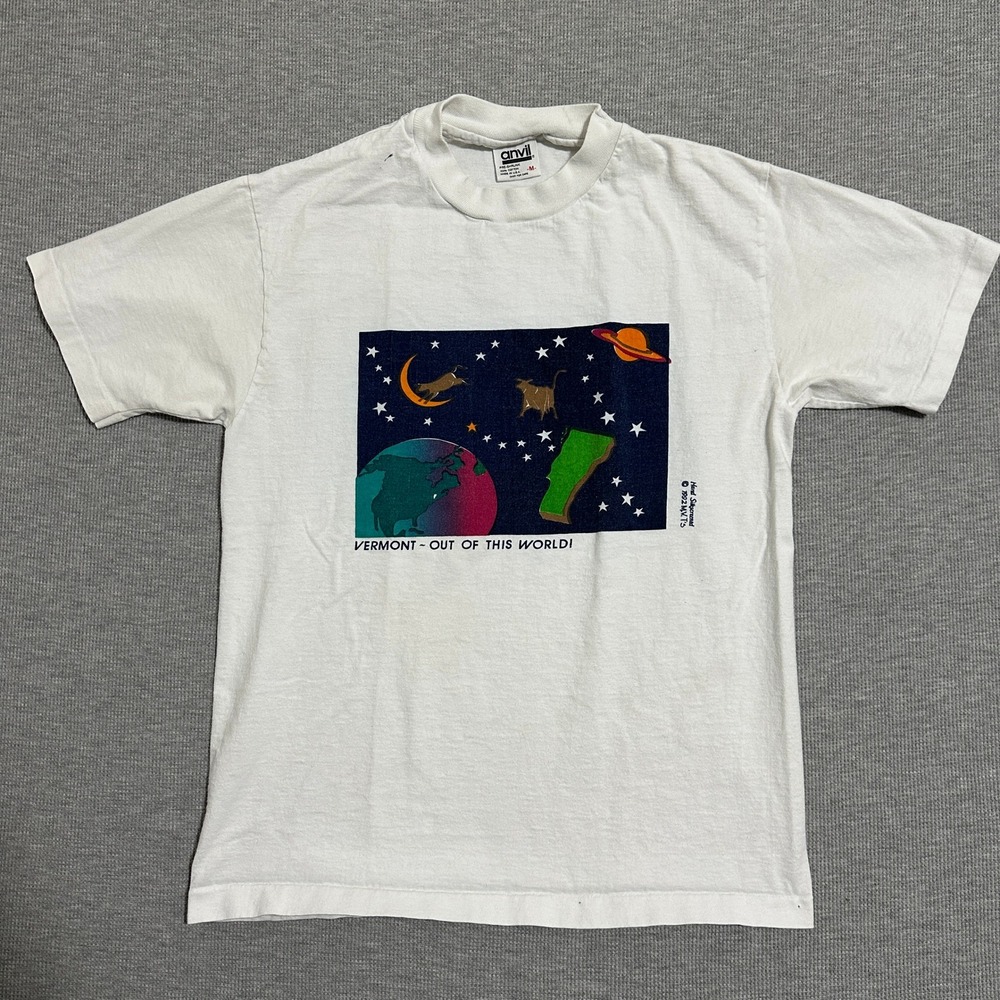 Vintage 1992 Anvil Vermont Out Of This World Space Graphic T-Shirt Womens Medium